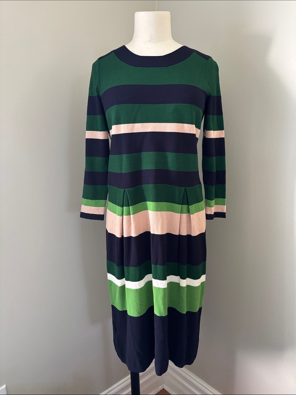 Ann Taylor Striped Green, Navy and Tan Pleated Skirt 3/4 Sleeve Midi Dress Sz S